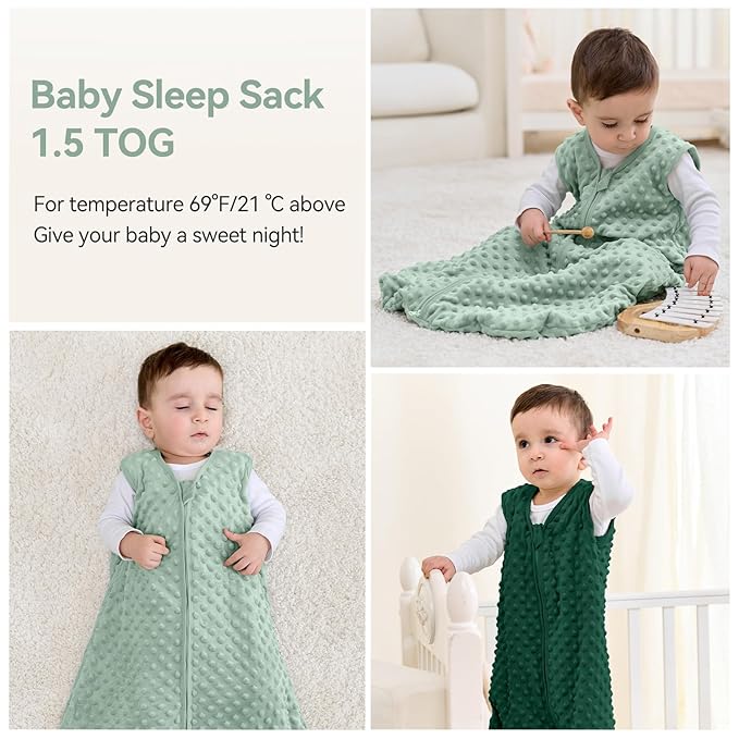 Fleece Baby Sleep Sack 0-6 Months with Plush Dots 1.5 Tog Baby Wearable Blanket with 2-Way Zipper Warm Sleeping Sack for Toddler Infant Newborn - Small, Forest Green
