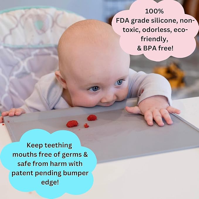 The Table Tyke Silicone Placemats for Toddlers with Patented Edge Bumper | Kids Placemats Non Slip Travel Ready | Baby Placemat BPA Free for Restaurant Dining Table | Slate Grey