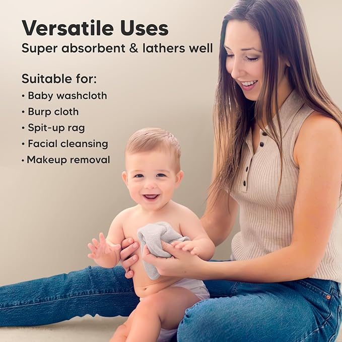 6-Pack Baby Washcloths - Soft Absorbent Viscose from Bamboo Wash Cloths for Babies, Kids, Toddlers, Infant, Newborn Bath Towels,Gentle on Sensitive Skin,10x10 Reusable Face Towels(Heather)