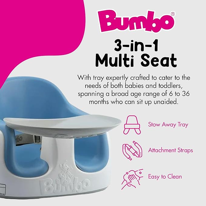 Bumbo 3-in-1 Multi-Seat for 6 to 36 Months, Travel Baby Feeding & Play Floor Seat, All-in-One Portable Booster with Tray & Toddler High Chair, Powder Blue