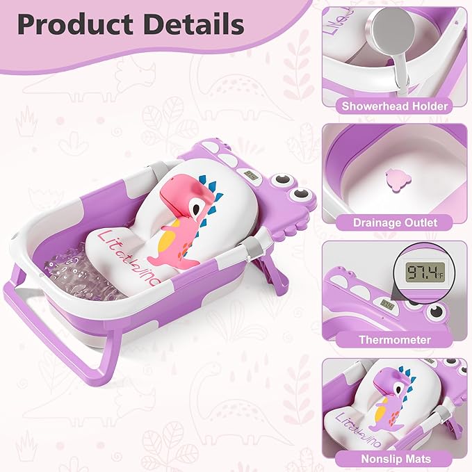 Collapsible Baby Bathtub for Newborn, Foldable Baby Bath Tub with Thermometer & Soft Floating Cushion & Drain Hole, Portable Travel Infant Bath Tubs for Newborns to Toddlers 0-36 Months Girls