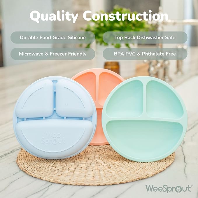 WeeSprout Silicone Plates for Babies & Toddlers (3 Pack) 100% Food-Grade Dishes for Self Feeding, Divided Design & Raised Edges for Picky Eaters, Dishwasher & Microwave Safe Weaning Supplies