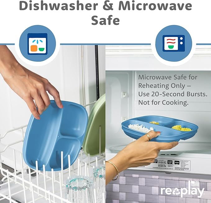 Re-Play Toddler Plates with Dividers - Deep-Walled 3 Compartments Divided Plates for Kids - Dishwasher & Microwave Safe - Made in USA - Set of 4-7.37" x 7.37" x 1.25" - Cool Blue