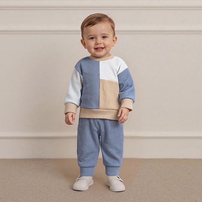 Toddler Baby Boy Fall Clothes Waffle Outfit Long Sleeve Color Blocking Sweatshirt Pullover Jogger Pant Set