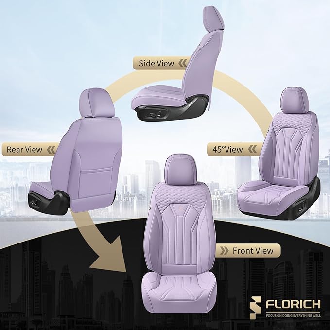 FLORICH Leather Car Seat Covers Full Set, Purple Car Seat Cover, Universal Full Coverage Car Seat Covers Waterproof Car Seat Cushion Protector Front Seats and Rear Fit for Most Cars Trucks SUVs