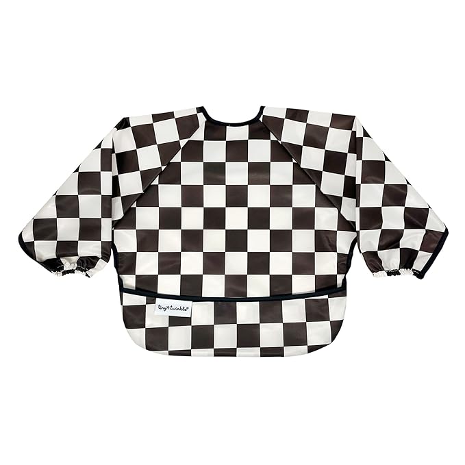 Tiny Twinkle Long Sleeve Bib for Babies & Toddlers – Waterproof Smock Bib for Eating – Machine Washable & Mess-Proof, Baby Feeding Essential & Shower Must-Have(Checkers Black, 6–24M)
