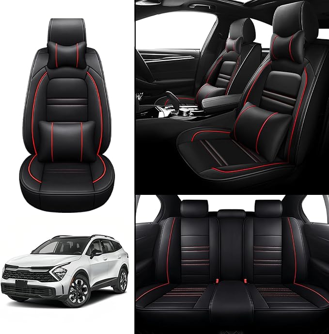 Car Seat Covers for kia sportage 2005-2025 | 5-Seats Seat Covers, Waterproof Seat Protectors, Automotive Seat Covers (Full Set with Pillow,Black&Red Line)