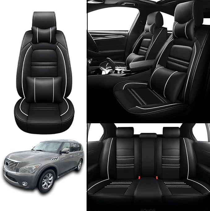 Car Seat Covers for Infiniti qx56 2004-2013 | 5-Seats Seat Covers, Waterproof Seat Protectors, Automotive Seat Covers (Full Set with Pillow,Black&White Line)