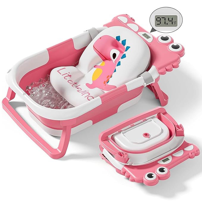 Collapsible Baby Bathtub for Newborn, Foldable Baby Bath Tub with Thermometer & Soft Floating Cushion & Drain Hole, Portable Travel Infant Bath Tubs for Newborns to Toddler 0-36 Months Girl, Pink