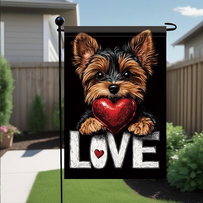 Cute Kasha Dog Garden Flag Holding Red Heart Love Sign Double Sided Yard Banner - Image 4