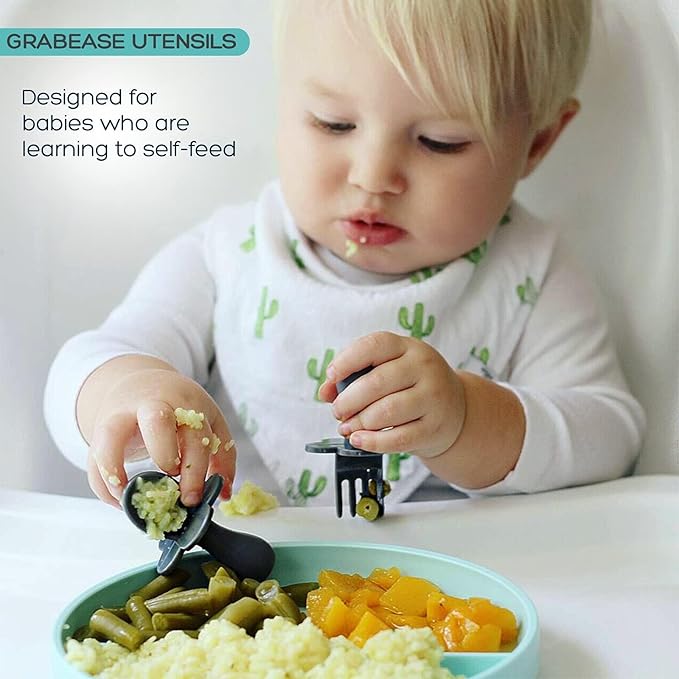 Grabease Baby Spoon & Fork Set with Case - Ergonomic Baby Utensils for Tiny Hands - Short Spoons for Self-Feeding - Training Fork for Toddlers - Ice Blue, Pack of 1