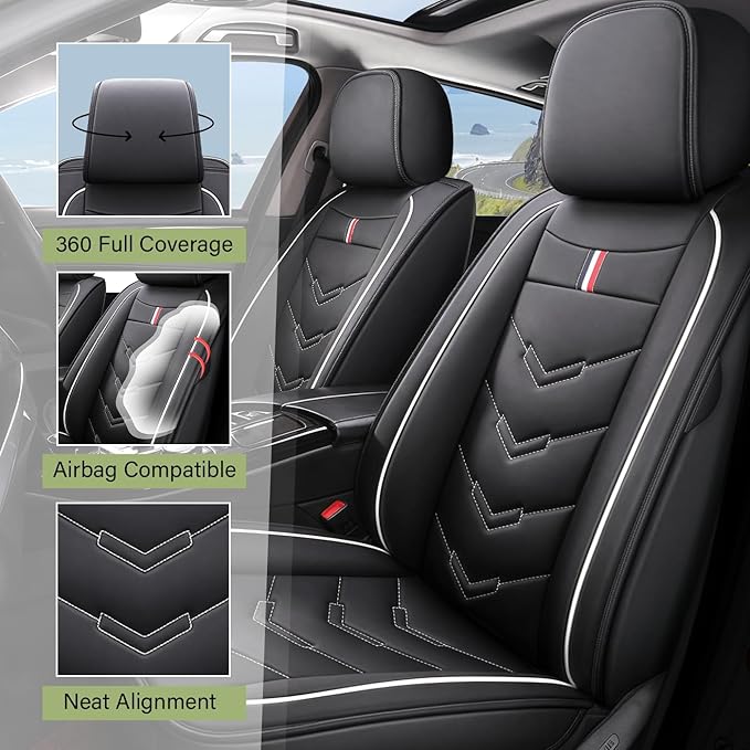 Leather Car Seat Covers Fit for LR Range Rover Evoque 2019-2025, 5 Seater Waterproof and Wear-Resistant Seat Cover Interior Accessories(Full Set,Black&White)
