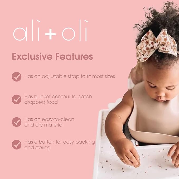 Ali+Oli Silicone Bib Waterproof Silicone Bibs for Babies & Toddlers Adjustable Feeding Bibs with Food Catcher Feeding Bucket