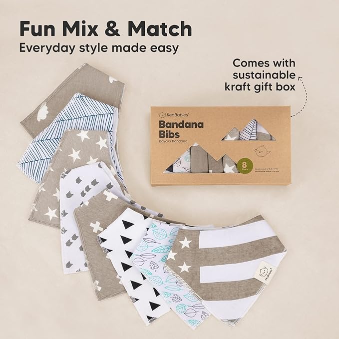 8-Pack Organic Baby Bandana Bibs for Boys, Girls - Super Absorbent Triangle Baby Bibs for Drooling and Teething Infant, 100% Cotton Extra Soft for Newborn, Infant 0-36 Months (Grayscape)