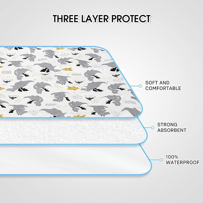 Baby Diaper Changing Pad, 21 5/8" x 31.5" Waterproof Changing Pad Liners - Reusable Soft and Absorbent Portable Changing Mat(Grey Dinosaur1PCS)