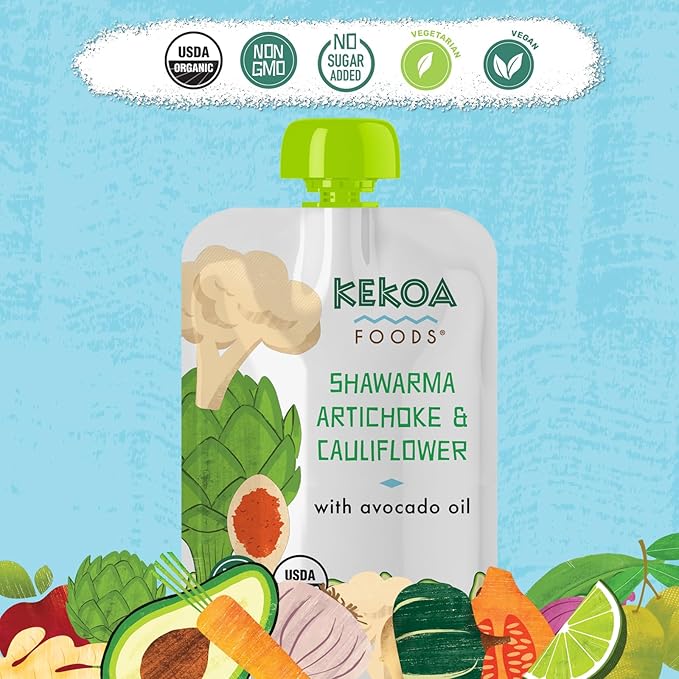 Kekoa Foods Shawarma, Artichoke & Cauliflower Baby Food Purée | 100% USDA Certified-Organic Vegetarian Squeeze Pouch | Organic, Non-GMO, Gluten-Free, Vegan | Nutritious First Food for Babies | 3.5 oz