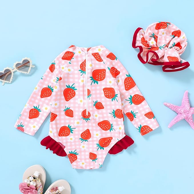 Infant Baby Girl Swimsuit One-Piece Long Sleeve Rash Guard with Hat Set Floral Zipper Bathing Suit Leopard Beach Wear