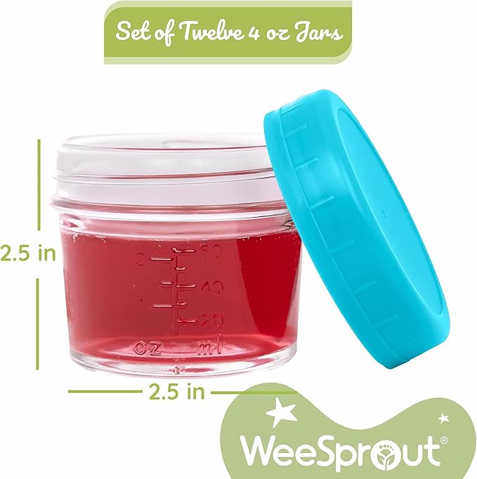 WeeSprout Baby Food Storage Glass Jars w/Lids (4 oz, 24 Pack) Bright Variety, Snack, Reusable Small Containers, Fridge or Freezer, Microwave & Dishwasher Safe, Essentials for Infants