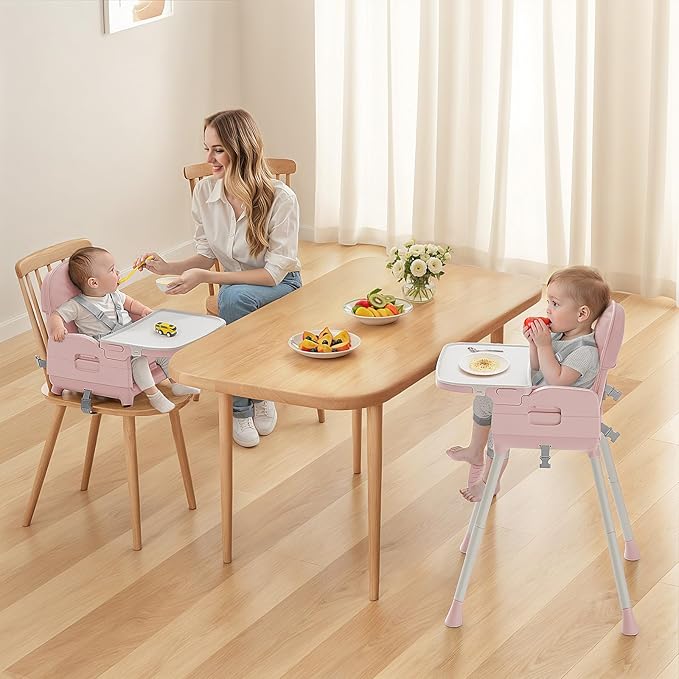 3-in-1 Portable Baby High Chair for Babies and Toddlers, Convertible Easy Clean Infant Foldable Highchair with Adjustable Legs & Dishwasher Safe Tray, Pink