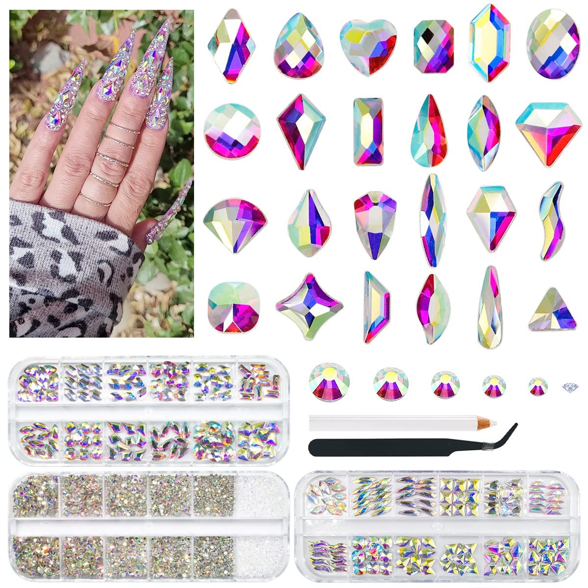 3 Boxes AB Crystal Nail Rhinestones 240 Multi-Shapes White AB Big Gems K9 Glass Flatback Round Beads Crystals Stones Nail Art Charms for Nails Face Eyes Makeup Crafts DIY Tumblers Bottles Shoes
