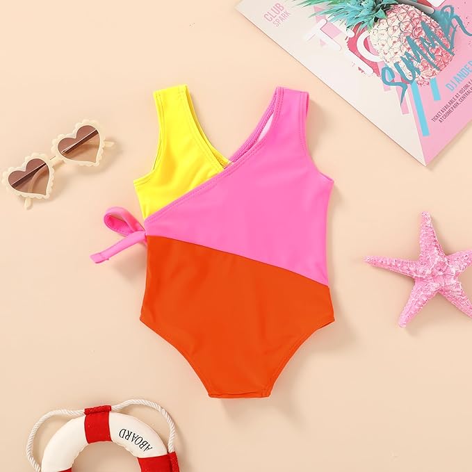Happy Town Toddler Swimsuit Girl One Piece Bathing Suit Color Block Swimwear Baby Summer Beach Wear