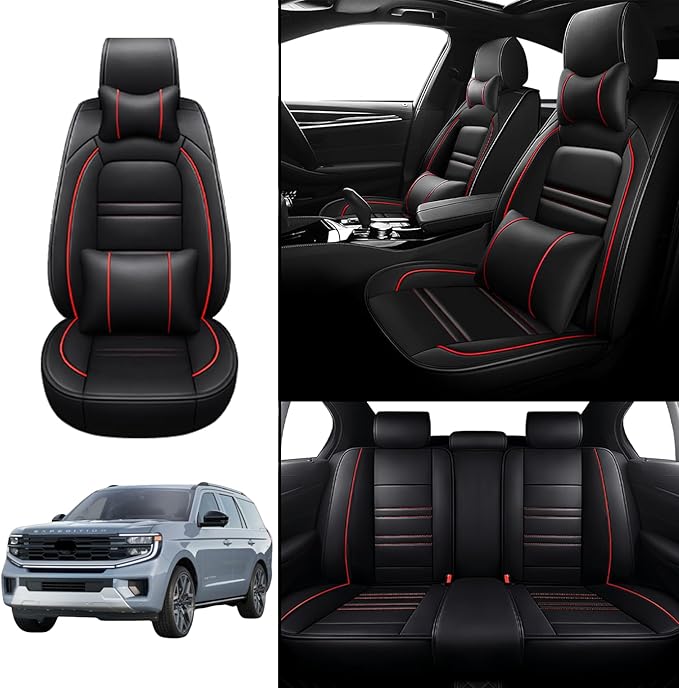 Car Seat Covers for Ford Expedition 1997-2025 | 5-Seats Seat Covers, Waterproof Seat Protectors, Automotive Seat Covers (Full Set with Pillow,Black&Red Line)