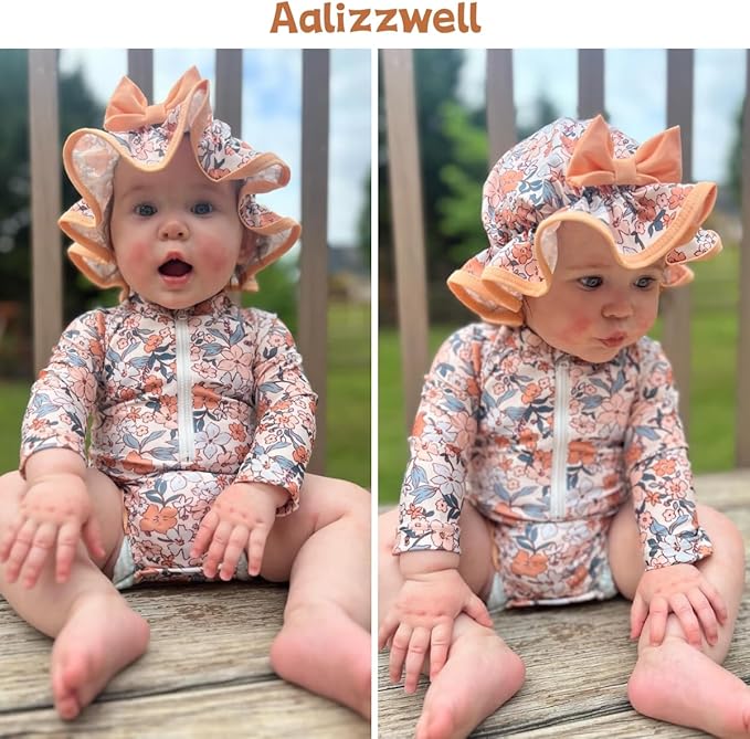 Aalizzwell Baby Girls Long Sleeve One Piece Swimsuit with Hat