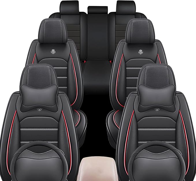 JOJ Car Seat Cover Fit for Toyota Highlander 2001-2025,7 Seat Car Seat Cover,No-Slip Waterproof Breathable Faux Leather,Full Set with Pillow Steering Wheel Covers,Black Red
