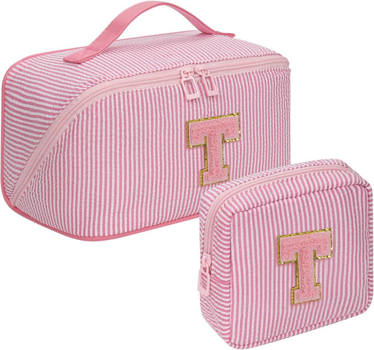 Travel Makeup Bag for Women, 2Pcs Portable Personalized Initial Makeup Organizer Bag, Open Flat Large Cosmetic Bag With Travel Essential Pouch (Pink Letter T)