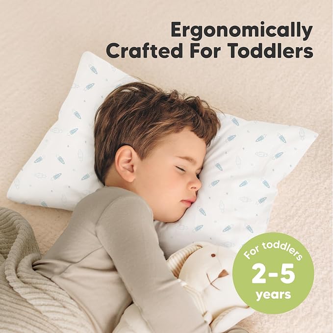 KeaBabies 2-Pack Toddler Pillow 13x18 - Soft Organic Cotton Kids Travel Bed Pillows for Sleeping, School, Nap, Machine Washable, Toddlers 2 to 5, Pillowcase Sold Separately (Spacecrafts)