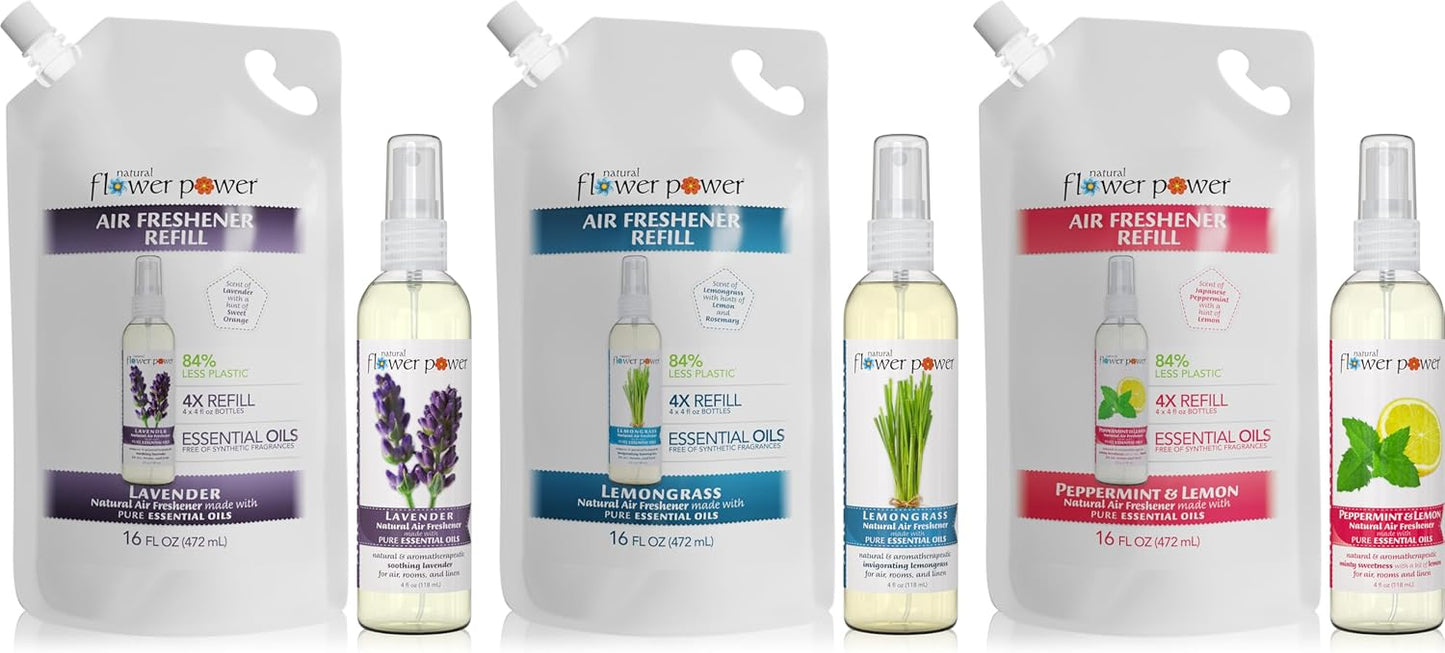 Air Freshener Spray Refills - Odor Eliminator w/Essential Oils - Variety Pack - Lavender, Lemongrass, Peppermint & Lemon - 3 (4 fl oz) Air Freshener Sprays, 3 (16 fl oz) Refills