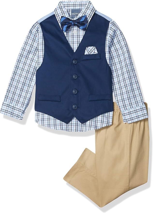 Nautica Boys' 4-Piece Formal Suit Set with Vest, Pants, Collared Dress Shirt, and Tie