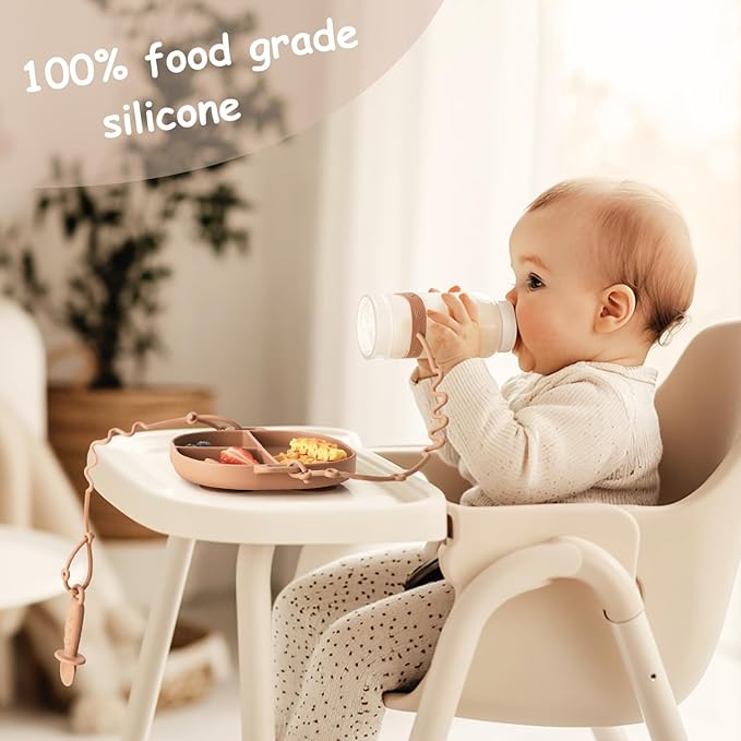 Baby Plates with Suction Silicone Baby Spoons Divided Baby Plates Silicone Baby Safety Toy Straps Baby Bottle Bungees Baby Feeding Set All-in-one-Blush