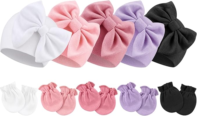 BQUBO Newborn Baby Girls Hats Mittens Set Hospital Hat Beanie Infant Bow Hats Baby Cotton Gloves for 0-6 Months