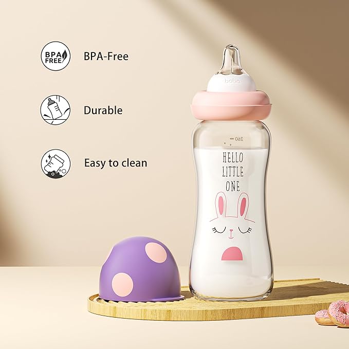YOHKOH Natural Glass Baby Bottle with Natural Response Nipple, Newborn Anti-Colic Baby Bottles, Wide Neck Mushroom Cap Baby Bottle, Clear ((8.8oz (Pack of 4), Purple-A)