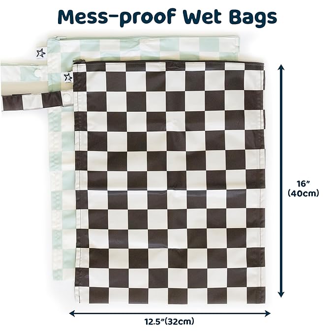 Tiny Twinkle Wet Dry Bag – 2 Pack Reusable Waterproof & Mess Proof Wet Bags for Swimsuits & Travel, Baby Towels & Beach Essentials,a Diaper Bag Must-Have(Black, Green Checkers)