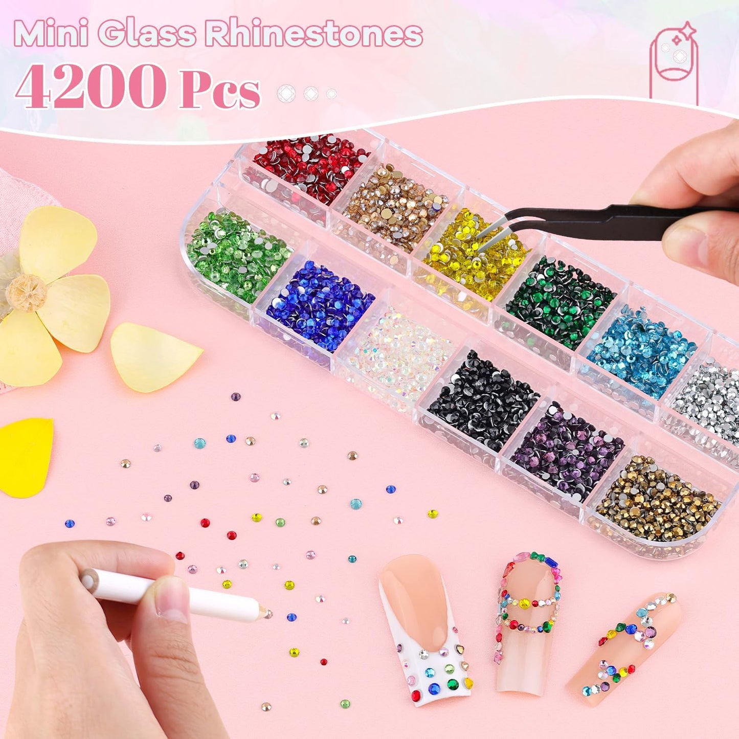 4200Pcs Glass Crystal Small Rhinestones for Nail Art, Colourful SS3-SS10 Flatback Bedazzling Gems, Nail Rhinestones and Gems Crystals Charms for Acrylic Tips Manicure Decor