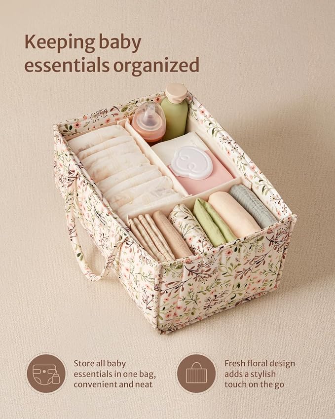Blissful Diary Floral Diaper Caddy Organizer, Stylish Nursery Storage Basket, Gift for Baby Shower, Baby Registry Must Have, Newborn Essentials, Pastoral Daisy