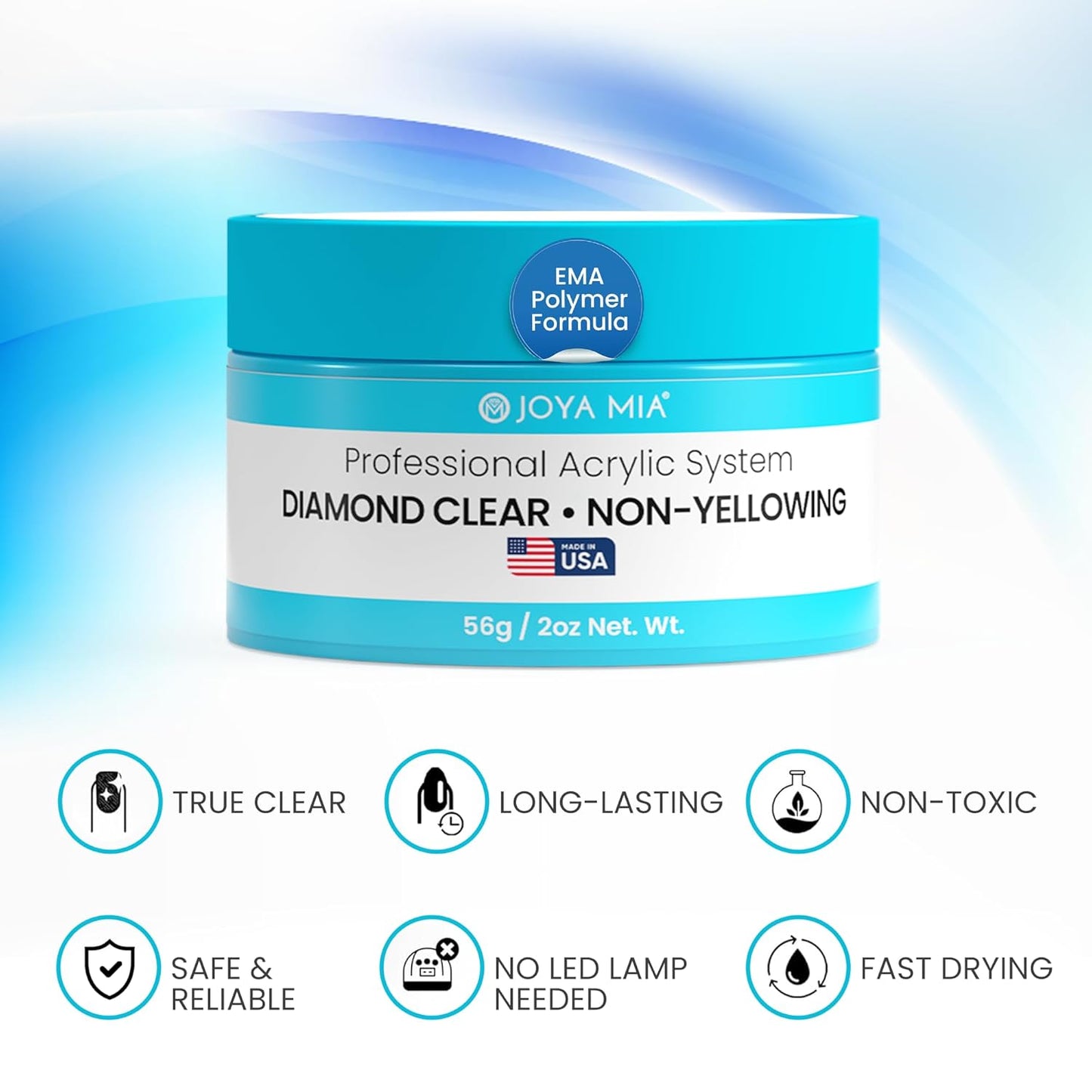 Joya Mia Acrylic Powder for Nails, MMA-Free, Super Adhesion Professional Powder for Flawless & Long-Lasting Nail Enhancements, Easy Application, Vibrant & Stunning Colors - Diamond Clear, 2 oz