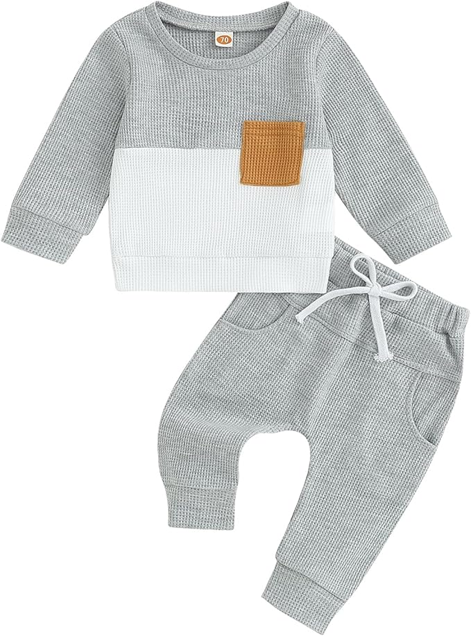 Toddler Baby Boy Fall Clothes Waffle Outfit Long Sleeve Color Blocking Sweatshirt Pullover Jogger Pant Set