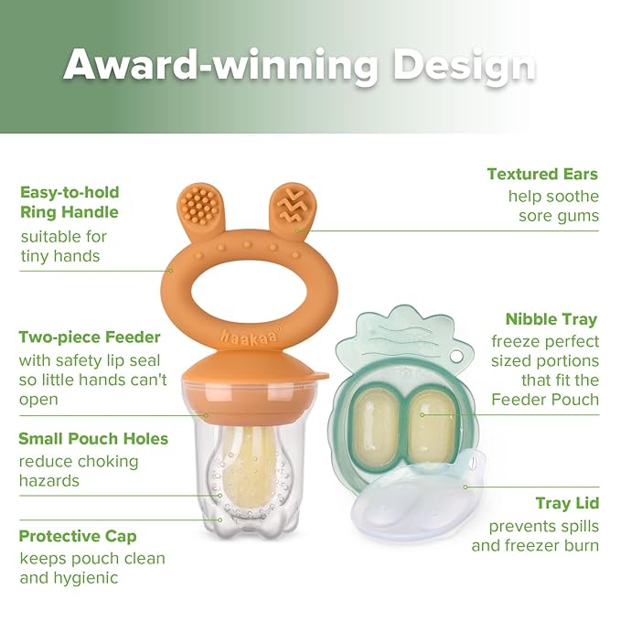 Haakaa Baby Fruit Food Feeder & Mini Freezer Nibble Tray Combo, Breastmilk Popsicle Molds for Baby Cooling Relief, BPA Free Silicone Feeder for Safe Infant Self Feeding, 4 Month+ (Pumpkin)