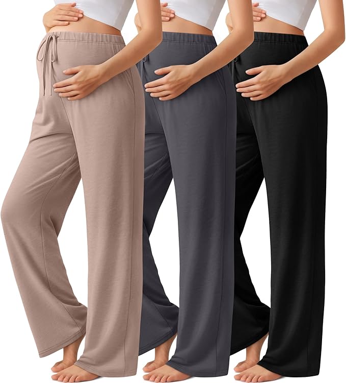 3 Pack Maternity Pants for Women Over The Belly Lounge Work Pregnancy Pants Drawing Wide Leg Trousers with Pockets