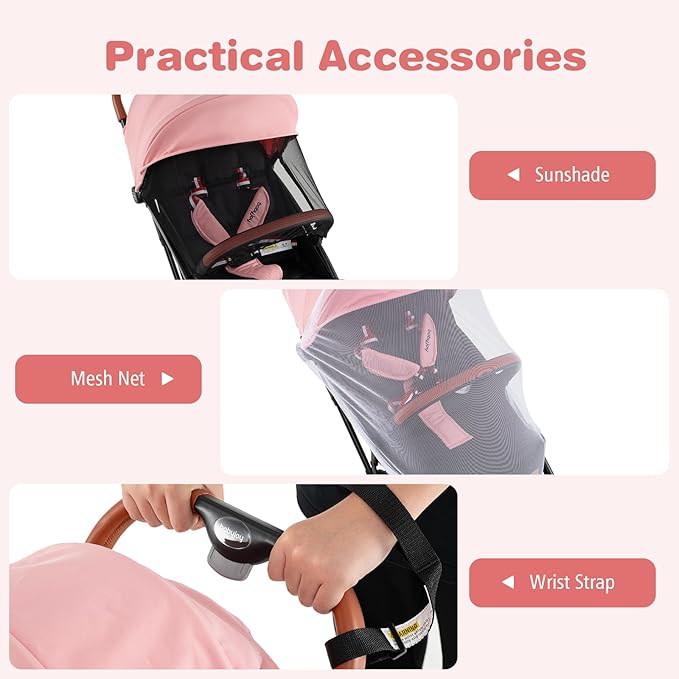 BABY JOY Lightweight Baby Stroller, Compact Toddler Travel Stroller for Airplane with 5-Point Harness, Adjustable Backrest/Footrest/Canopy, Storage Basket, Easy One-Hand Fold (Pink)