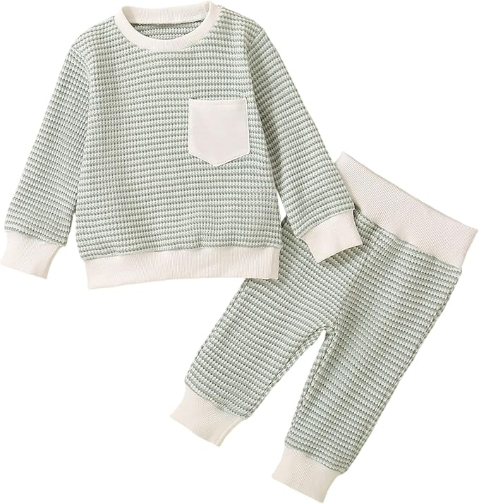 Toddler Baby Boy Fall Clothes Waffle Outfit Long Sleeve Color Blocking Sweatshirt Pullover Jogger Pant Set