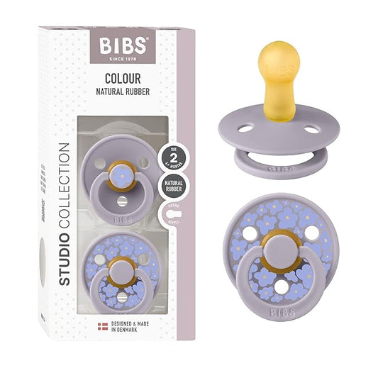 BIBS Pacifiers - Studio 2 Pack | Round Nipple Baby Pacifier | BPA Free Natural Rubber Latex Soother | Made in Denmark | Size 6+ Months | Jasmine Fossil Grey