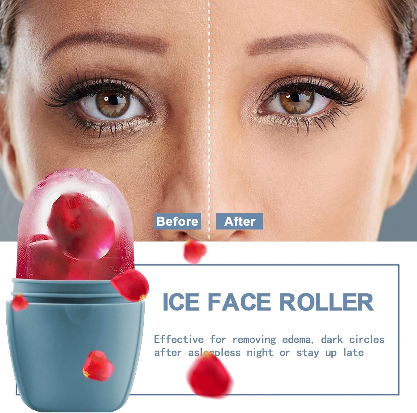 KOGITI Face Ice Roller & Mold - Beauty Facial Massage Tool for Puffiness Relief, Ice Cube Holder (Brush-Blue)