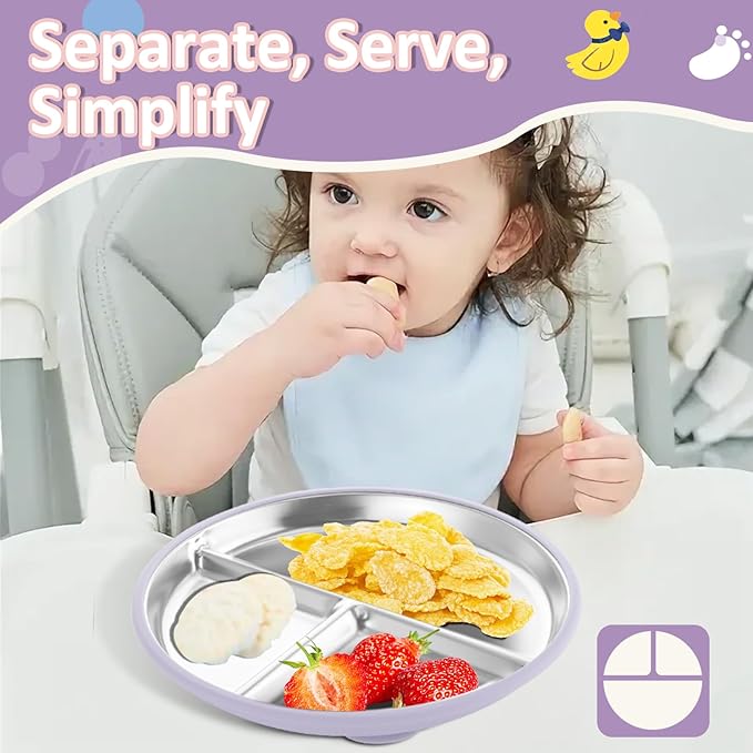 Stainless Steel Baby Plate with Suction, 9” Divided Toddler Plates with Removable Silicone Sleeves for Kids, Non-Toxic Non-Slip Unbreakable Dishwasher Safe Dinnerware Set of 2, Pink & Lilac