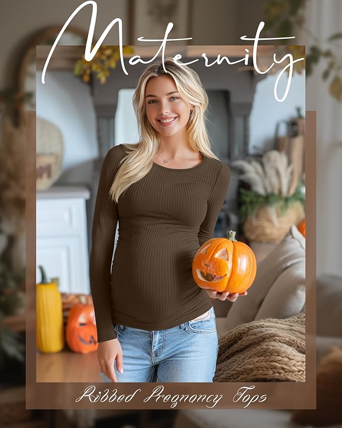 Huukeay 4 Pack Women's Maternity Shirts, Long Sleeve Cotton Ribbed Pregnancy Tops Side Ruched Crew Neck Casual Mama Clothes