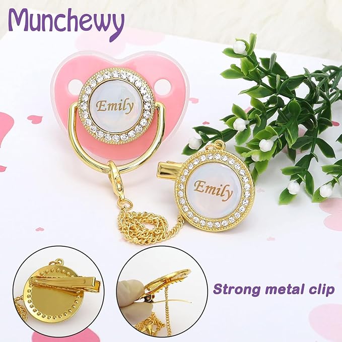 Custom Baby Pacifier with Name, Personalized Pacifier Clip Set with Gift Box, Luxury Crystal Bling Soother Dummy Ideal Gift for Boys Baby Shower Birthday Christmas Newborn Photography(White)