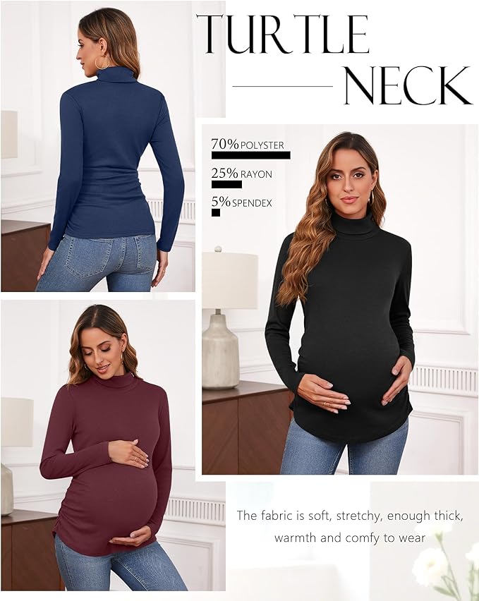 Ficerd 3 Pack Women's Maternity Shirts, Turtleneck Long Sleeve Pregnancy Tops Casual Side Ruched Maternity Tees Mama Clothes